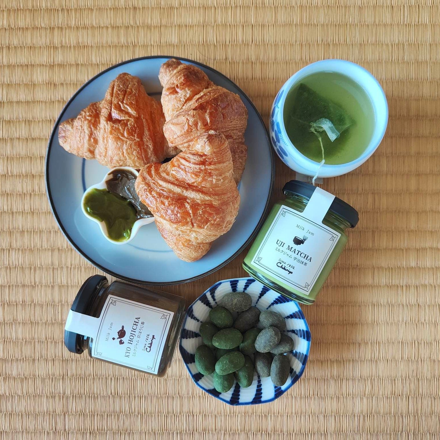 matcha delicious breakfast: uji matcha milk jam, uji matcha coated almonds and uji premium matcha