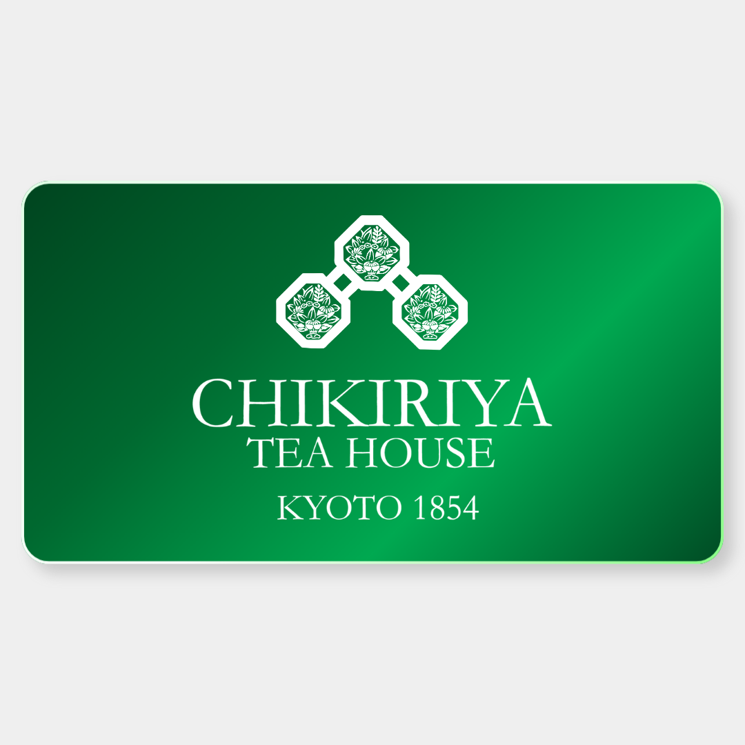 Green gift card with 'Chikiriya Tea House Kyoto 1854' text and logo on a white background