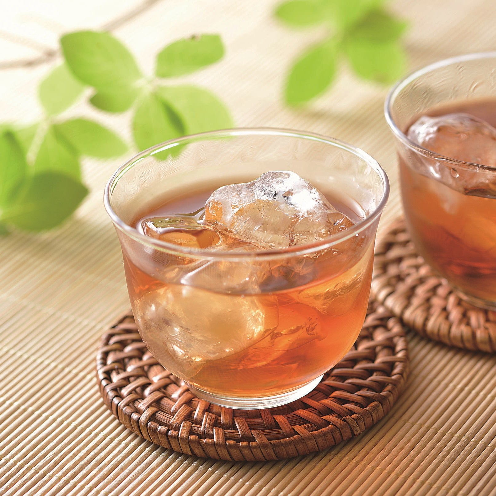 Two glasses of iced tea on woven coasters with green leaves in the background