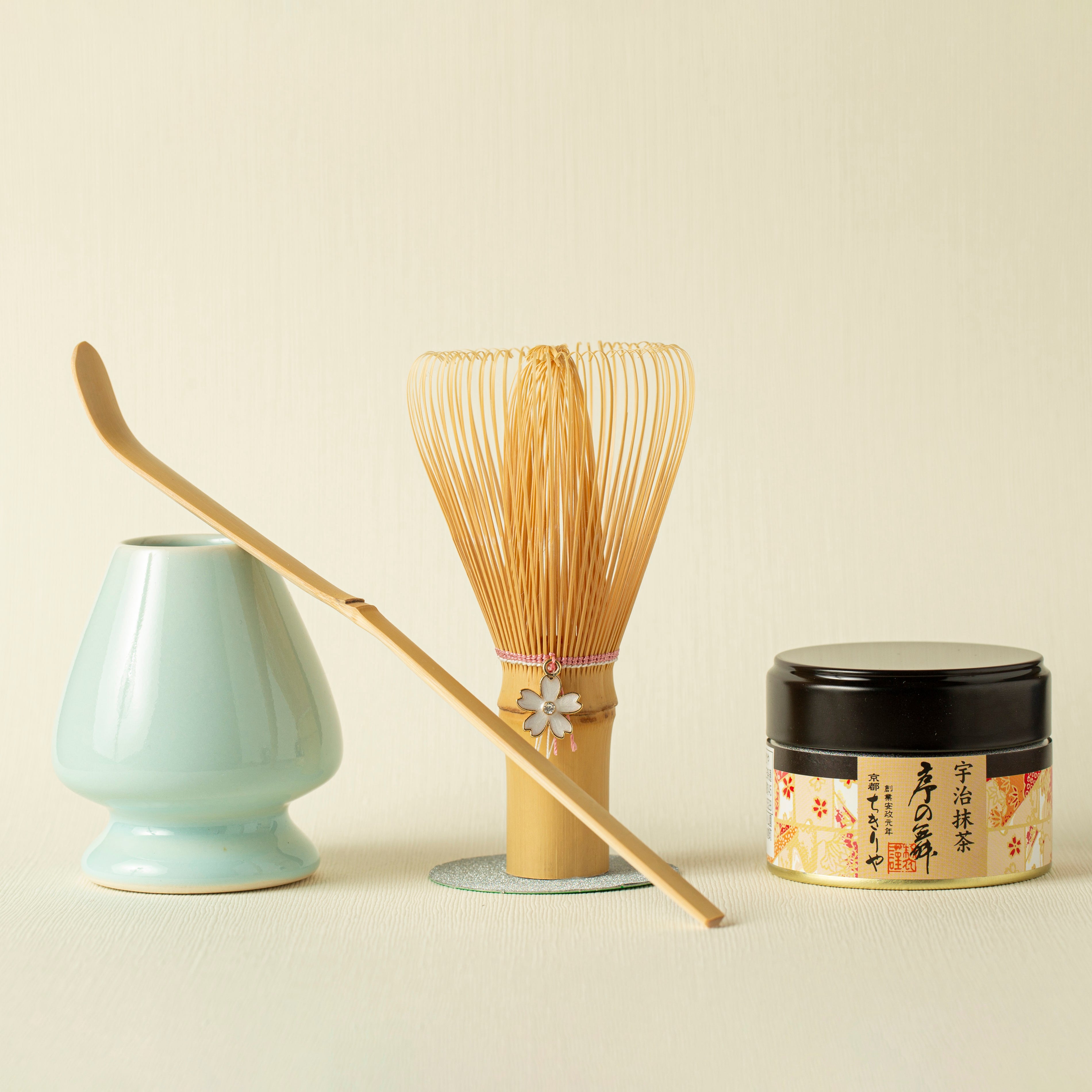 Home Tea Ceremony: uji matcha jo no mai, chasen (bamboo whisk), chasen holder, chashaku (bamboo tea spoon)