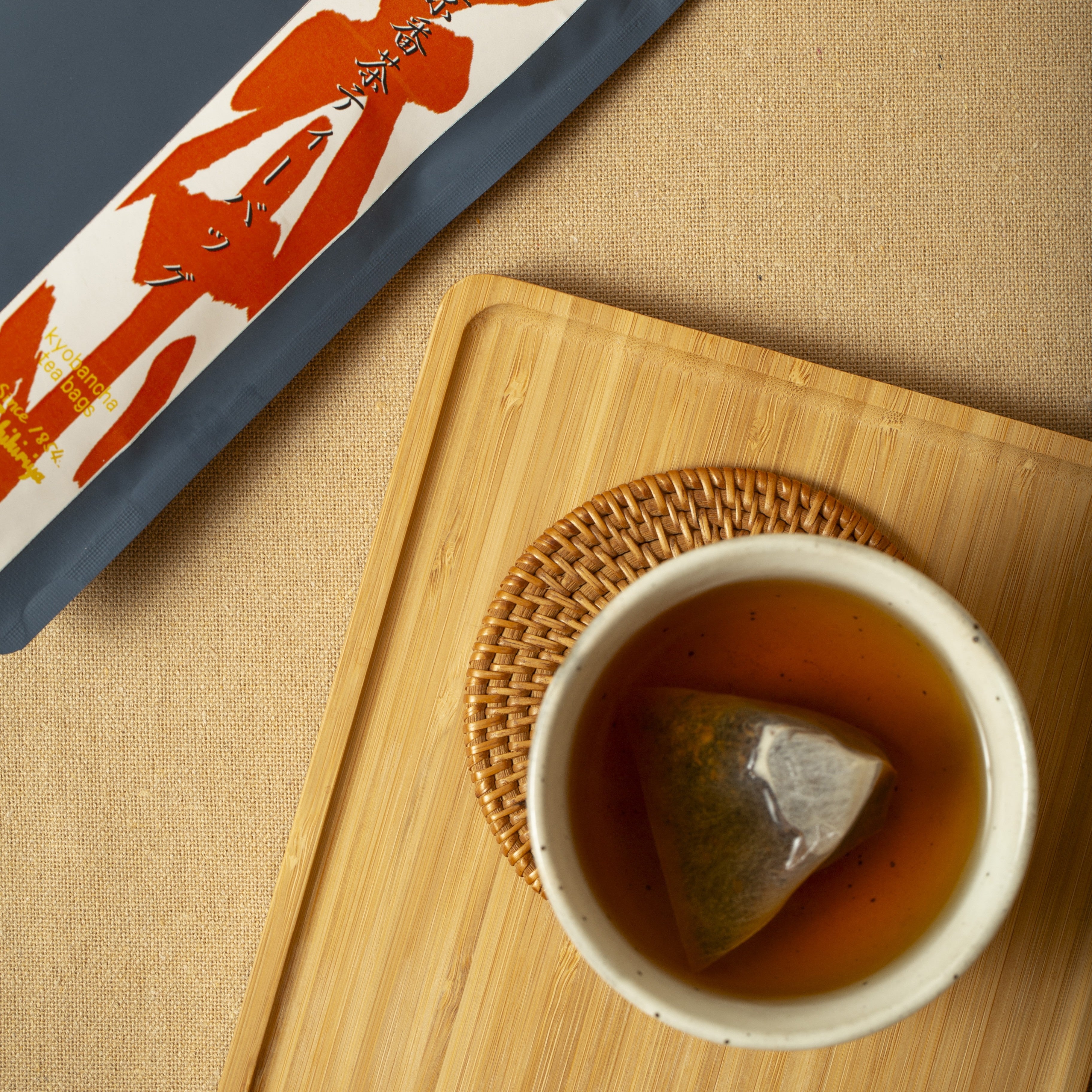 Tea cup with a tea bag on a wooden tray with a decorative box in the background.