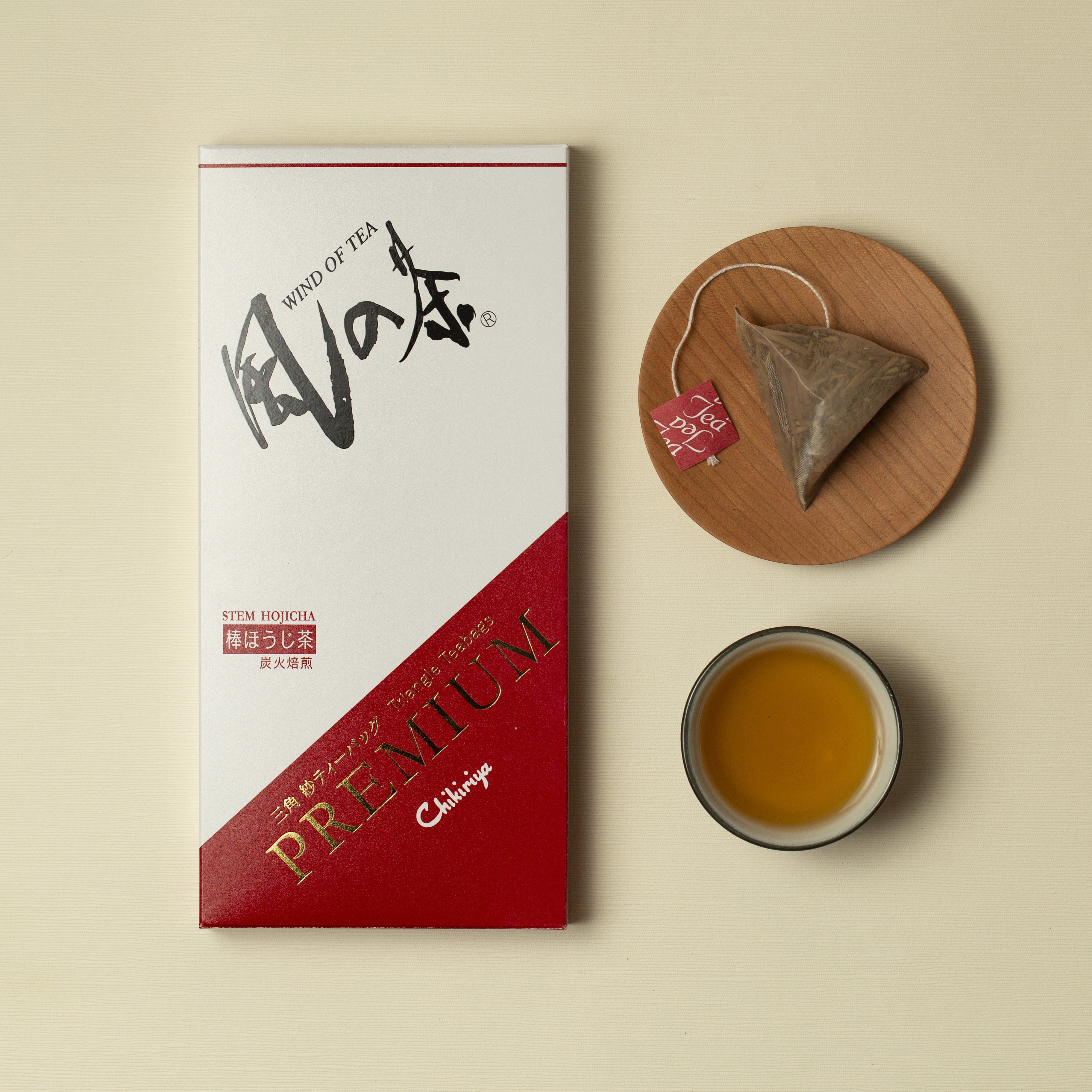 Premium Hojicha Stem Tea Bag Tea liquor and packaging
