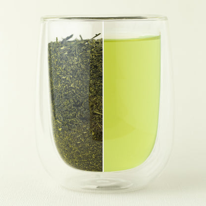 Fukamushi premium Tea and Tea Leaves in a glass