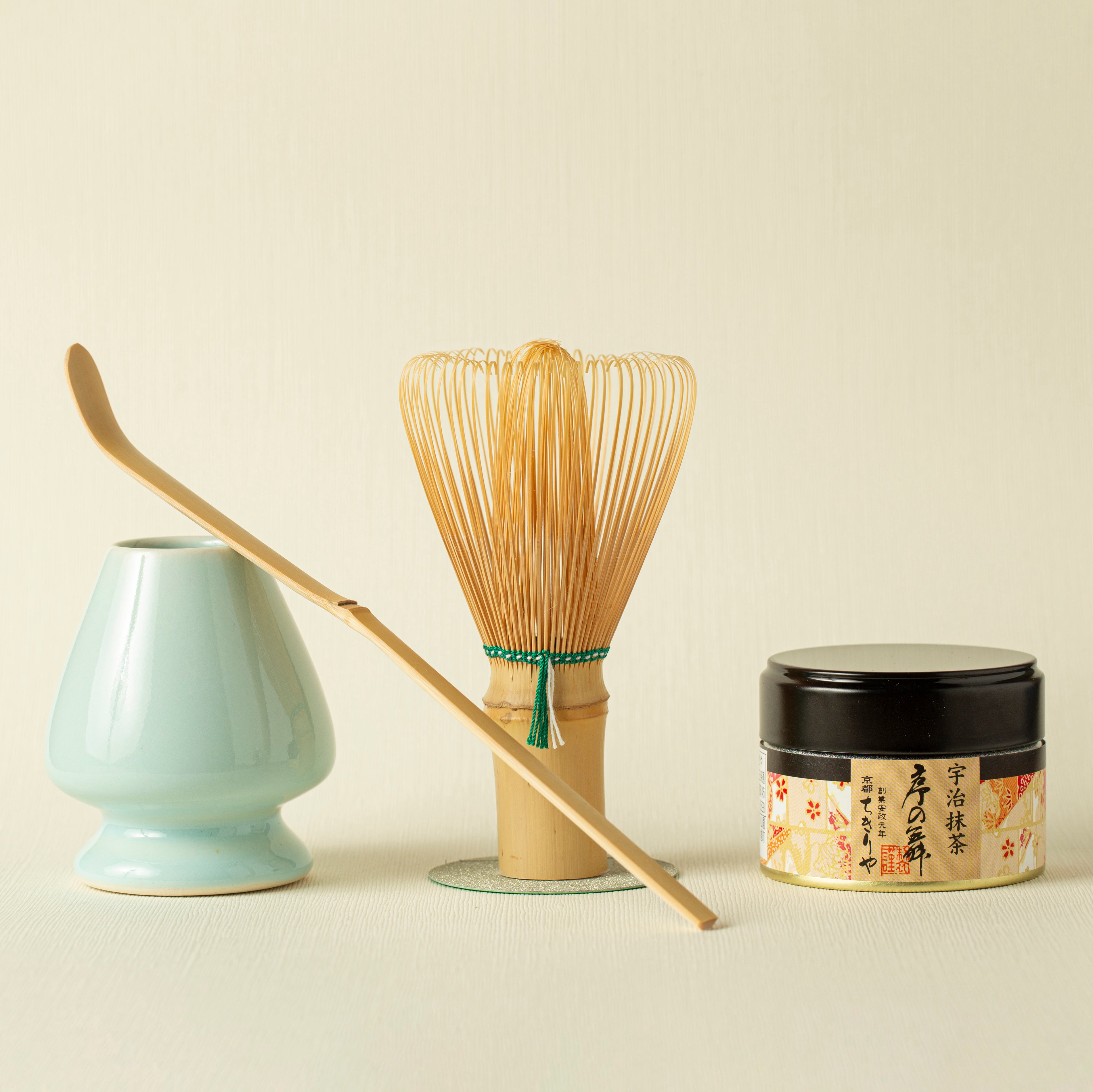 Home Tea Ceremony: uji matcha jo no mai, chasen (bamboo whisk), chasen holder, chashaku (bamboo tea spoon)