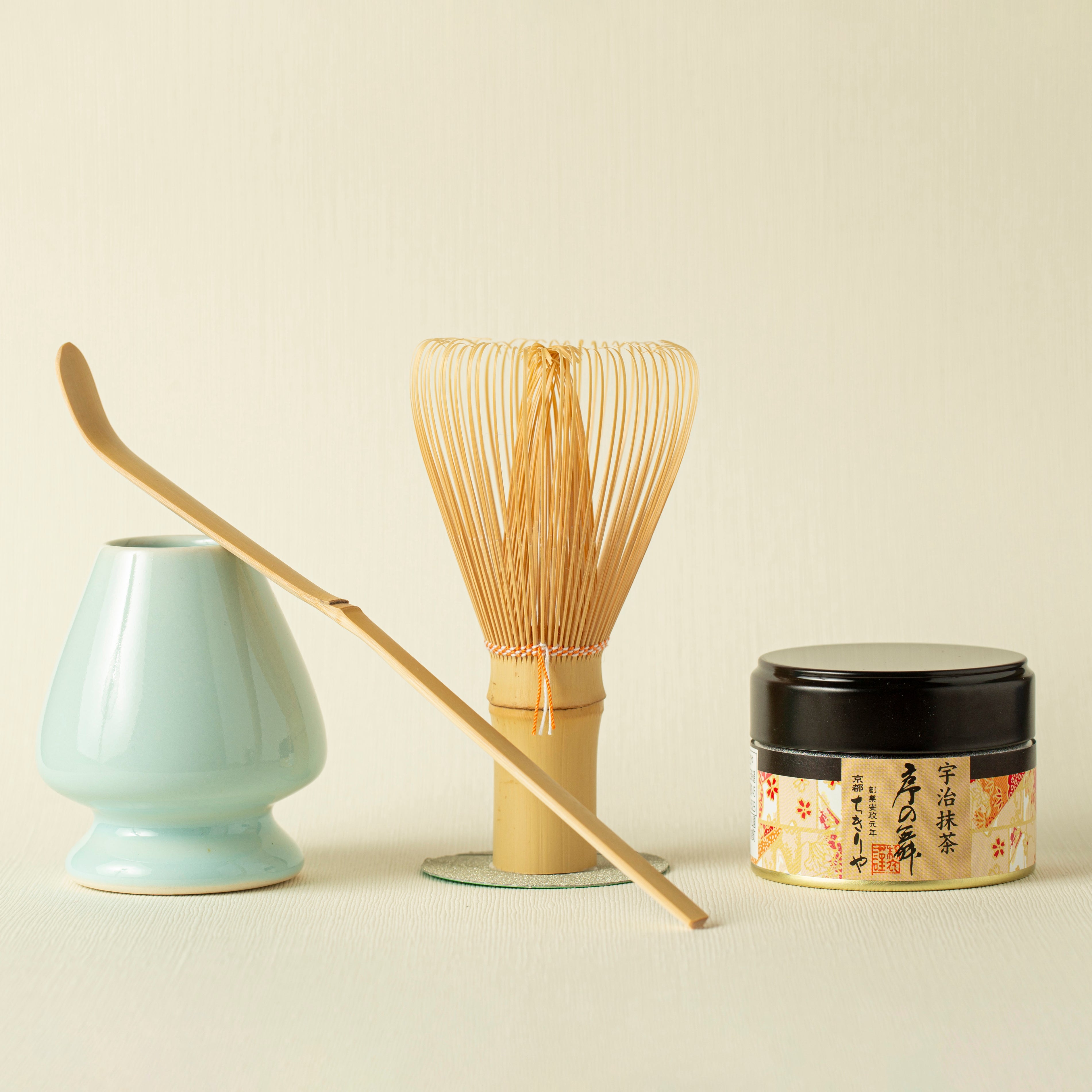 Home Tea Ceremony: uji matcha jo no mai, chasen (bamboo whisk), chasen holder, chashaku (bamboo tea spoon)