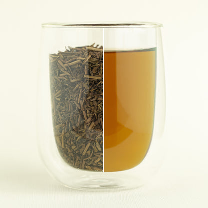 Hojicha Kyoukun tea leaves and liquor