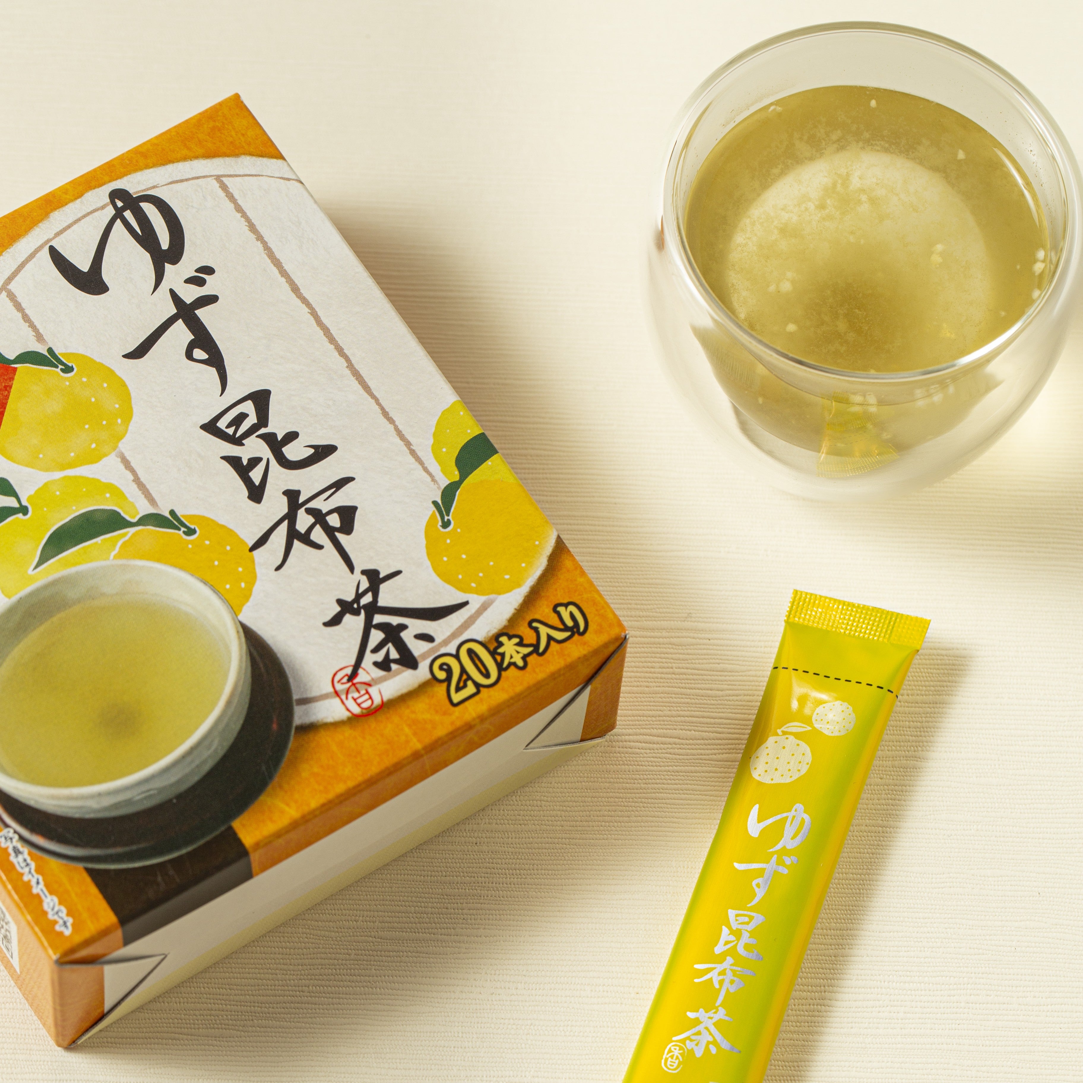 Tea package, tea kombucha stick and liquor. Yuzu