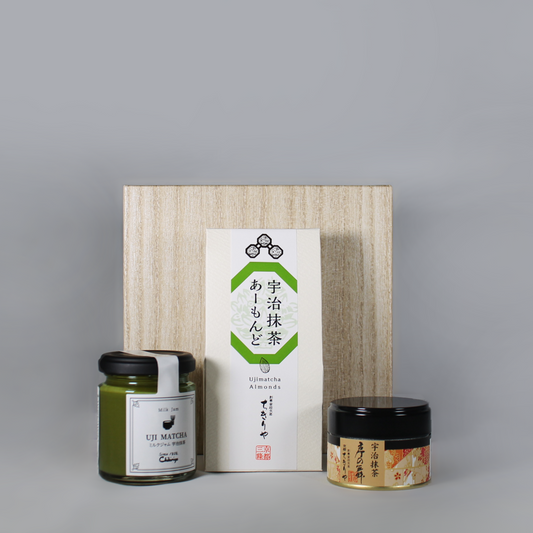 matcha gift box: uji matcha milk jam, uji matcha coated almonds and uji premium matcha 