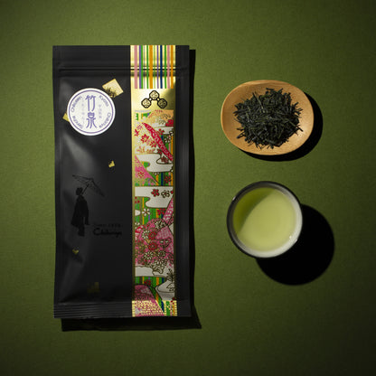 Sencha Chikusen packaging, tea leaves and liquor