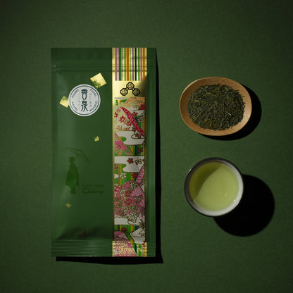 Sencha Kousen packaging, tea leaves and liquor