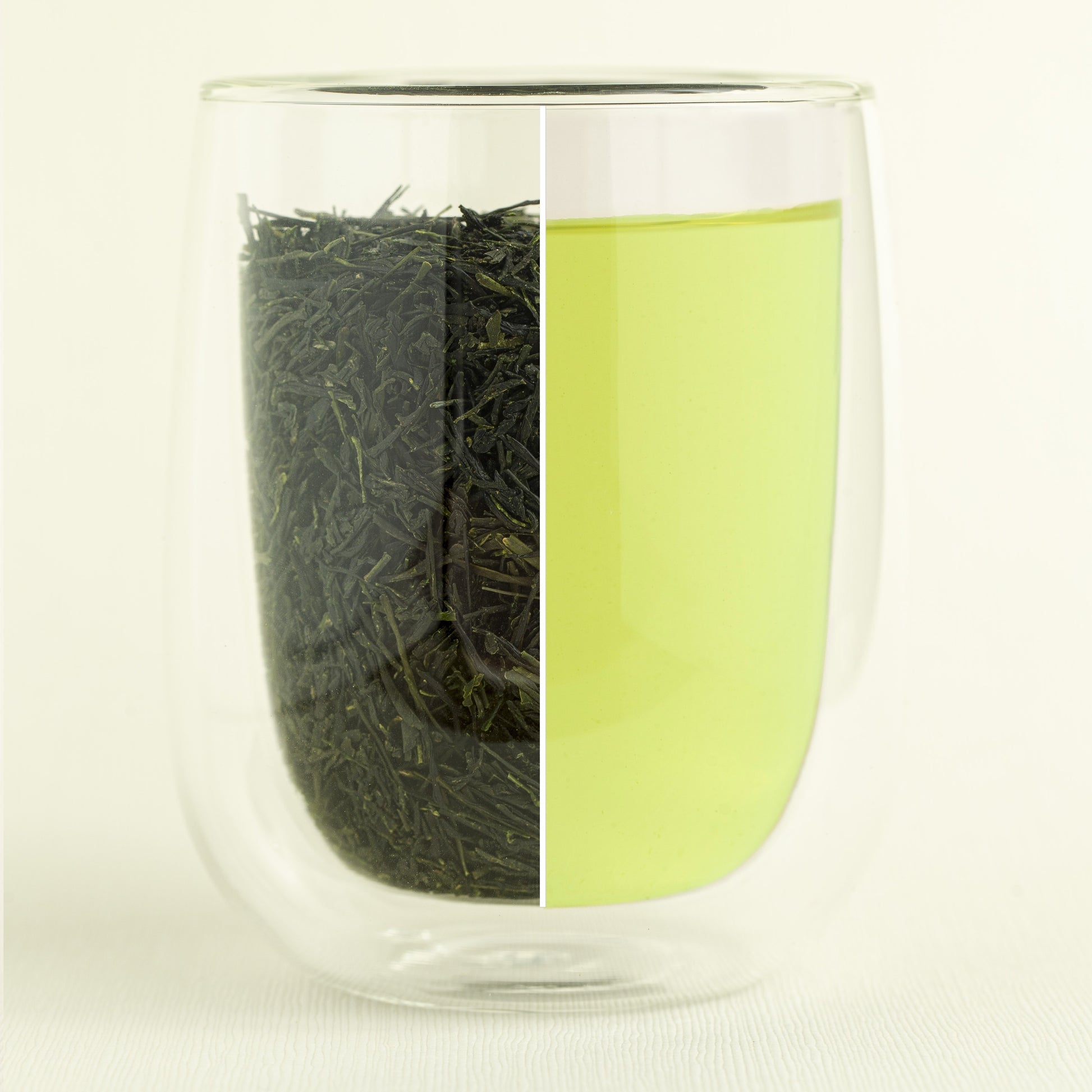 Sencha Tea and Tea Leaves in a glass