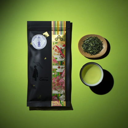 Shirasagi Karigane packaging, tea leaves and liquor