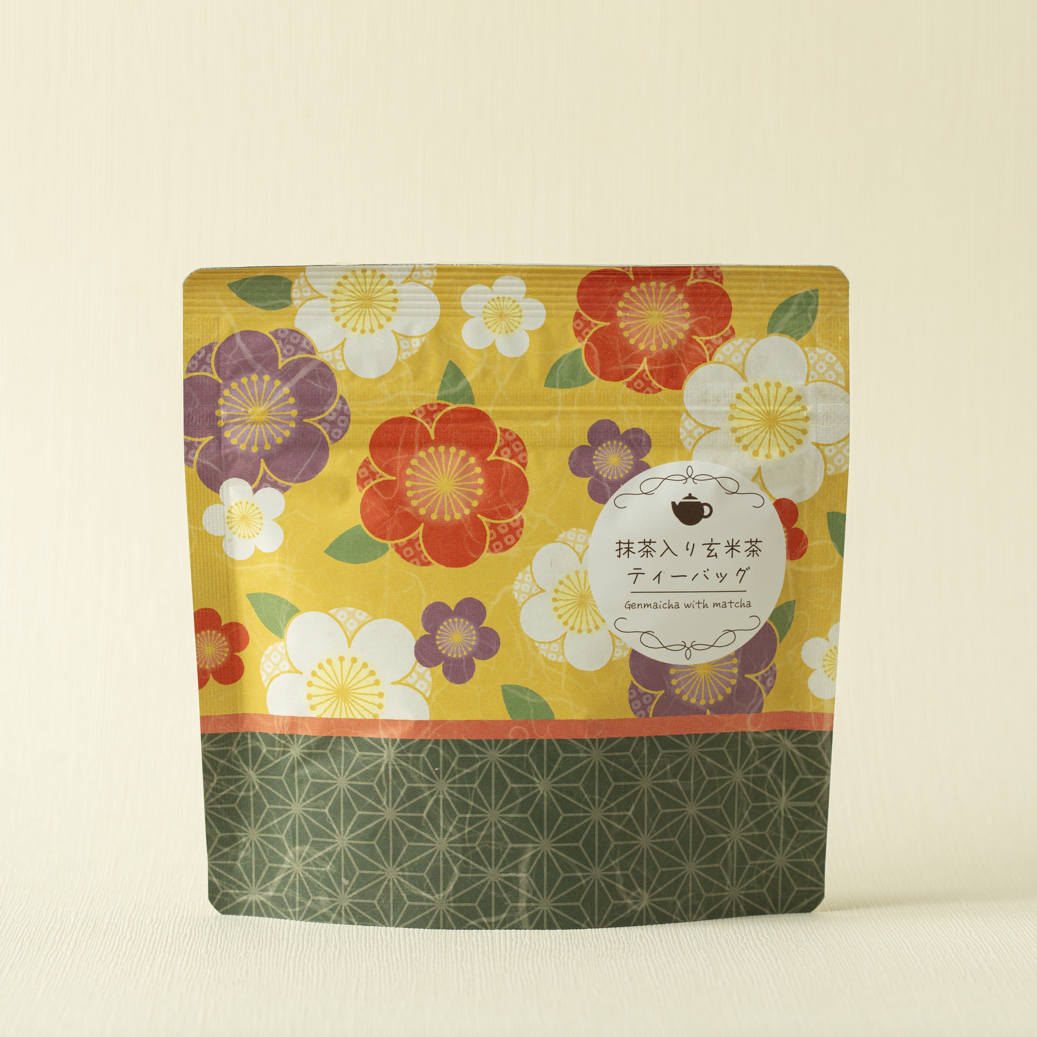 Floral patterned tea package with a beige background