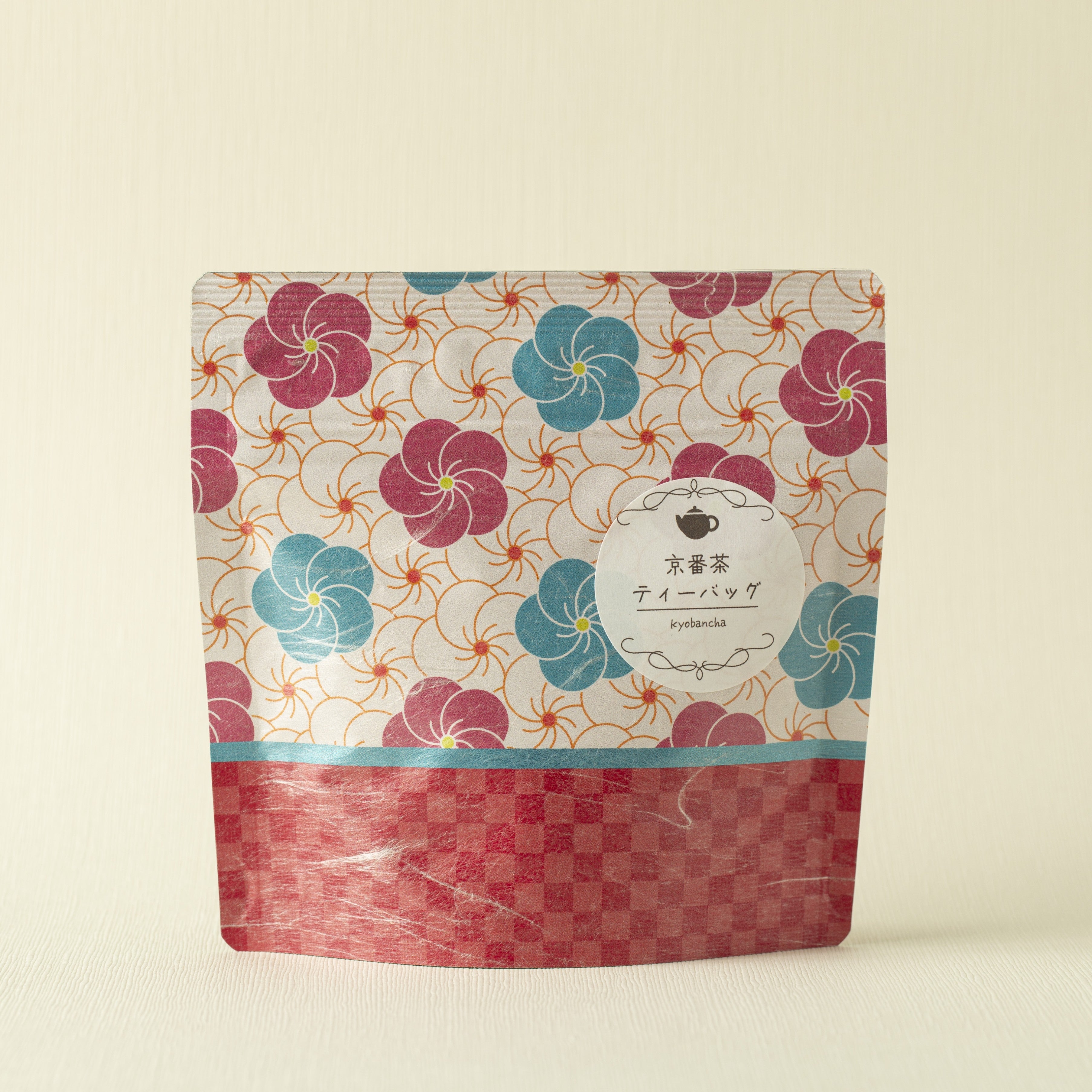 Tea package with floral pattern on a beige background