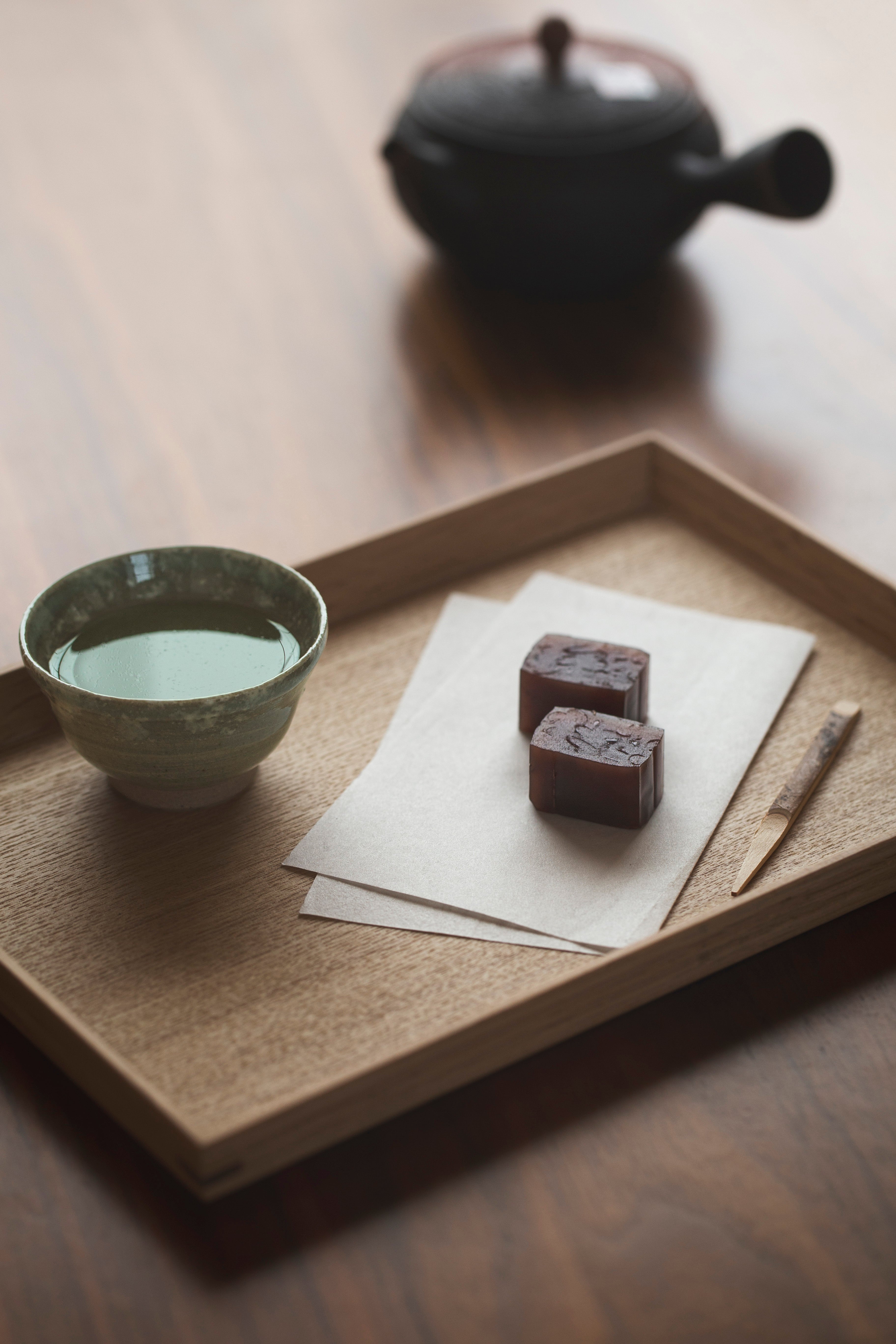 Yokan with a hot cup of japanese green tea